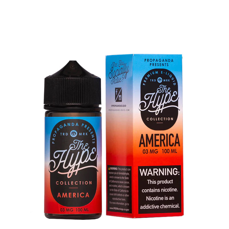 A 100ml bottle of America Propaganda The Hype eLiquid and a box with a warning sign next to it - Vaper Corner