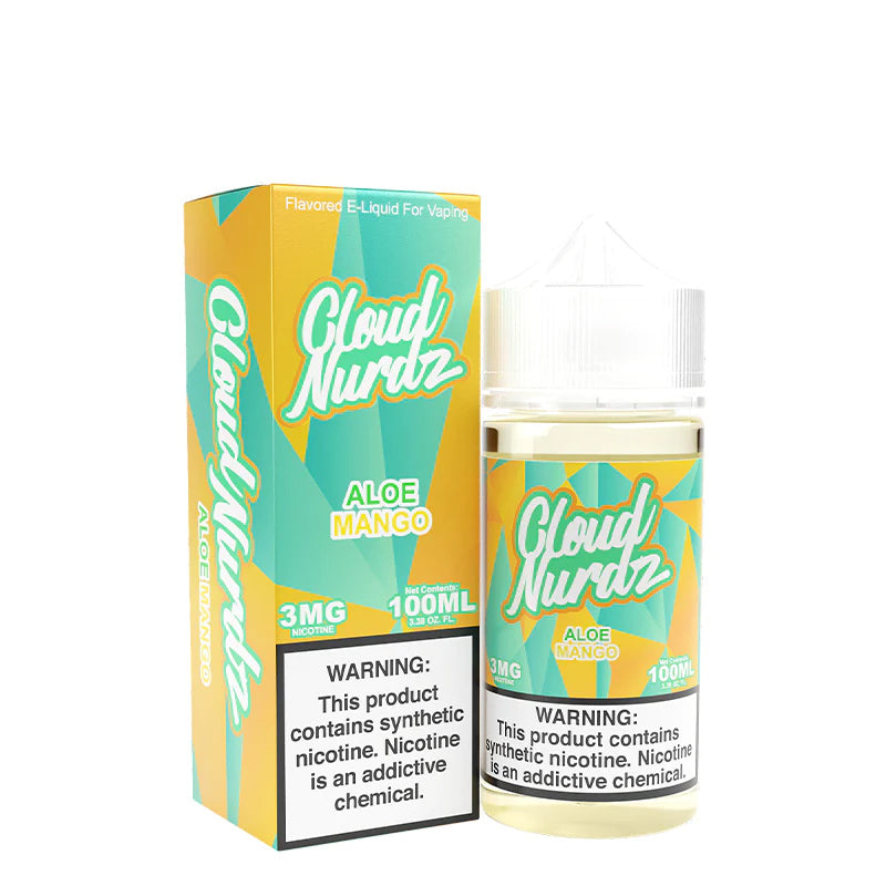 A box of Aloe Mango TFN Cloud Nurdz with a warning sign and a 100ml bottle next to it - Vaper Corner