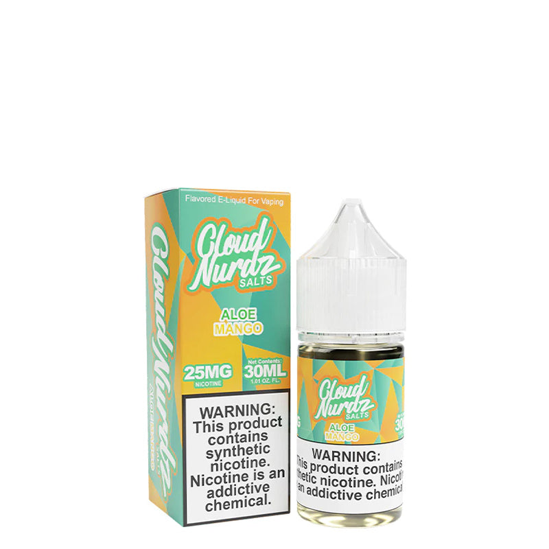 A box of Aloe Mango TFN Salts Cloud Nurdz with a warning sign and a 30ml bottle next to it - Vaper Corner