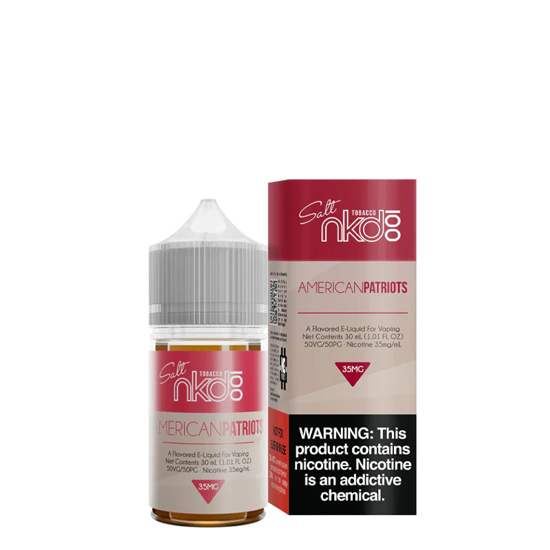 A 30ml bottle of American Patriots Naked 100 Salt eLiquid and a box with a warning sign next to it - Vaper Corner