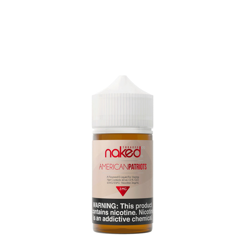 A 60ml bottle of American Patriots Naked 100 Tobacco with a warning sign - Vaper Corner