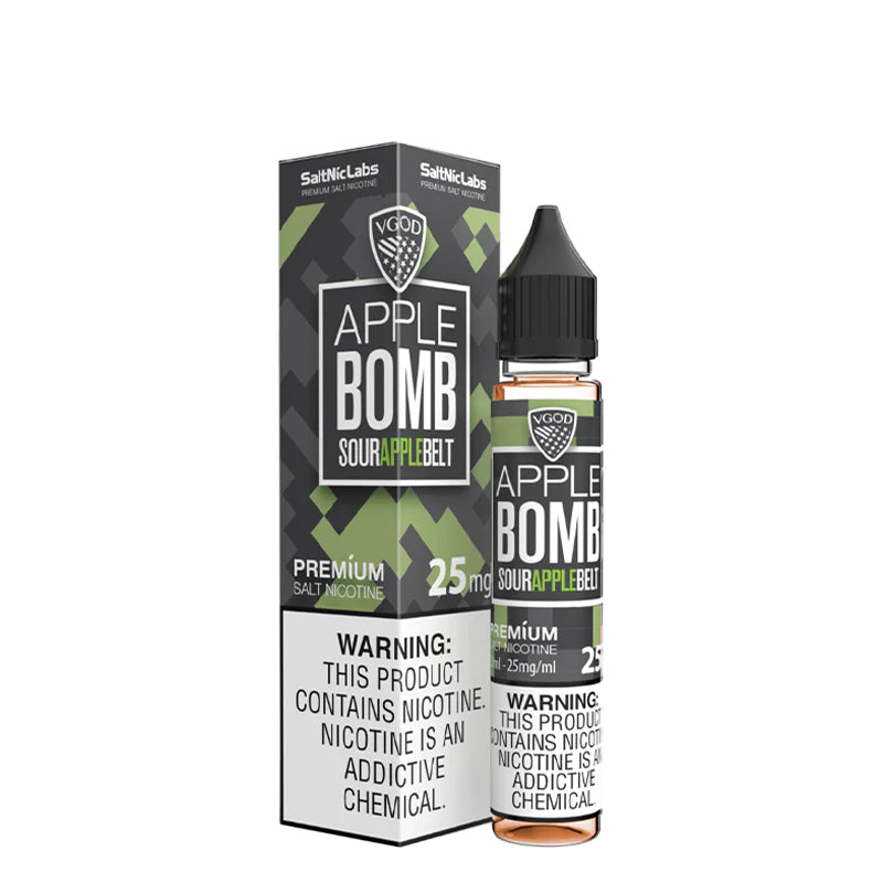 A box of Apple Bomb VGOD SaltNic and a 30ml bottle with a warning sign - Vape Juice Depot