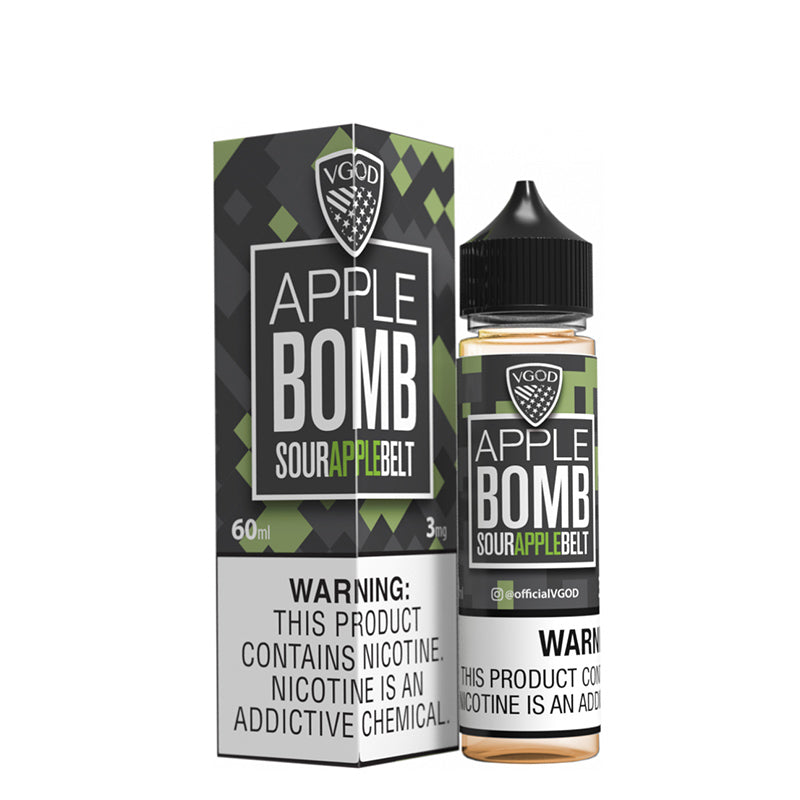 A box of Apple Bomb VGOD eLiquid with a warning sign and a 60ml bottle next to it - Vaper Corner