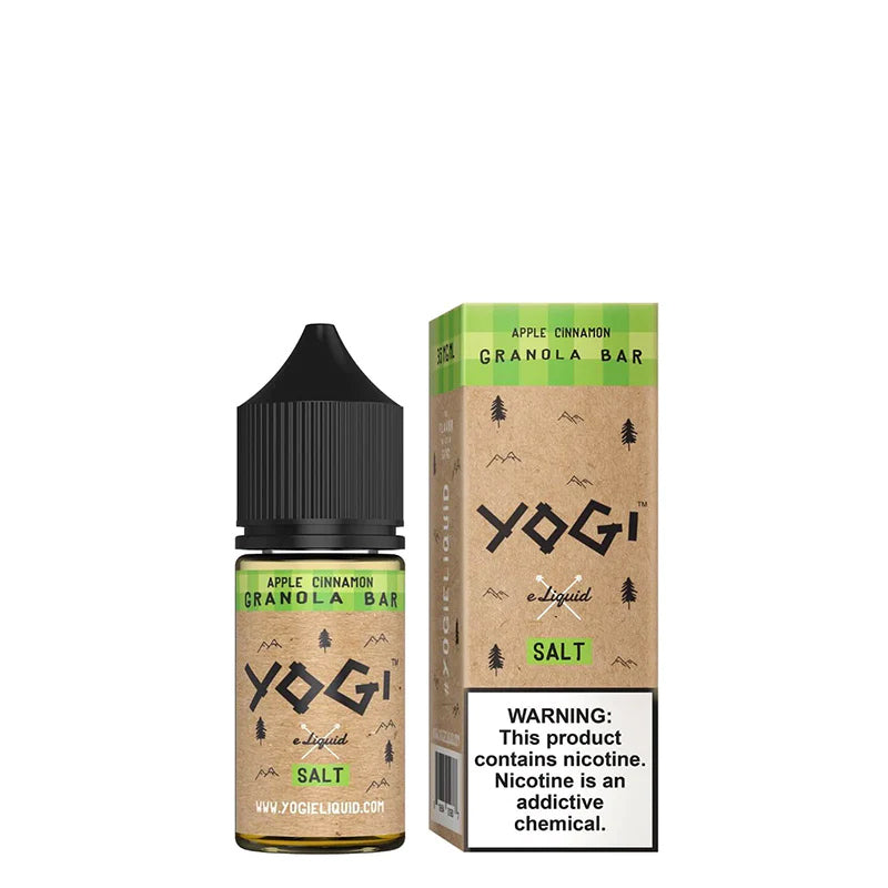 A 30ml bottle of Apple Cinnamon Granola Bar YOGI Salt and a box with a warning sign next to it - Vaper Corner