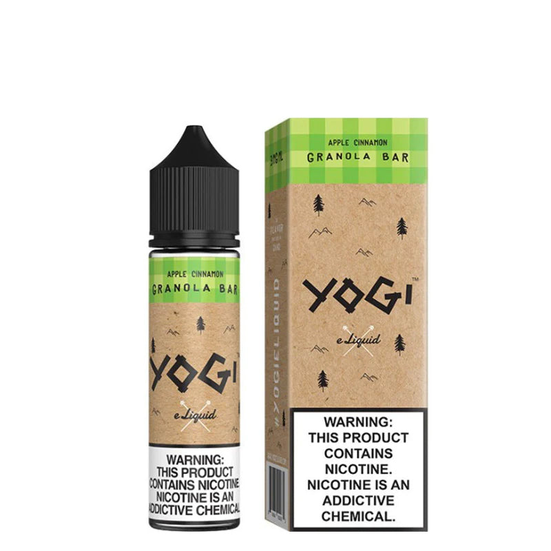 A 60ml bottle of Apple Cinnamon Granola Bar YOGI eLiquid and a box with a warning sign next to it - Vaper Corner