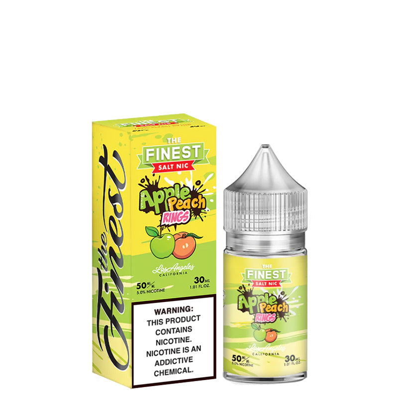 A box of Apple Peach Sour Finest SaltNic Series with a warning sign and a 30ml bottle next to it - Vaper Corner