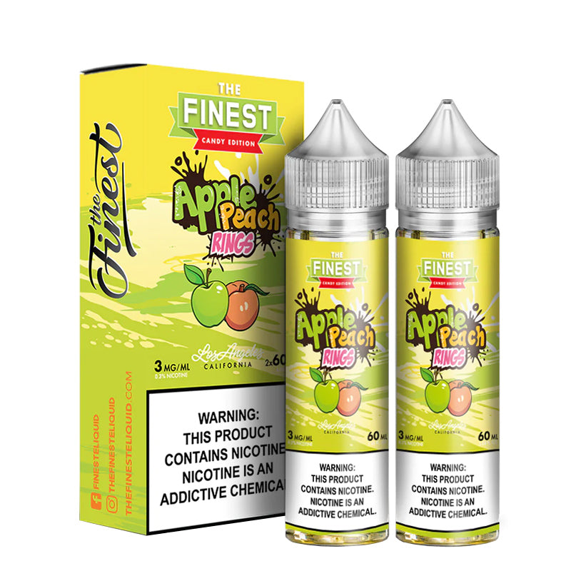 A box of Apple Peach Rings Finest Sweet & Sour with a warning sign and two 60ml bottles next to it - Vaper Corner