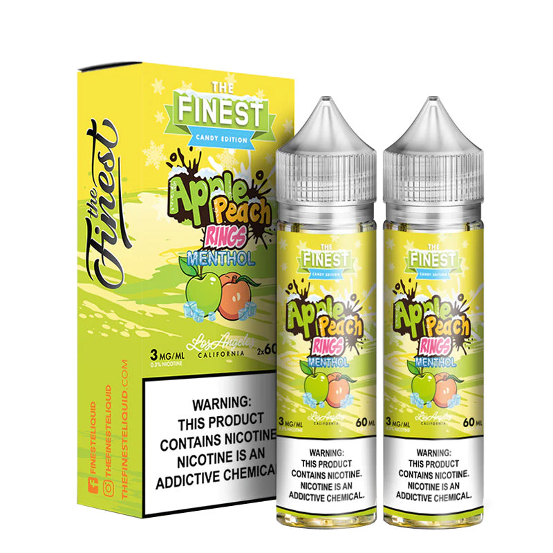 A box of Apple Peach Sour On Ice Finest Sweet & Sour with a warning sign and two 60ml bottles next to it - Vaper Corner