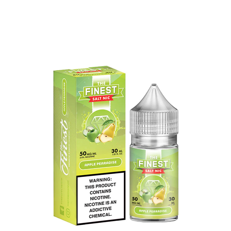 A box of Apple Pearadise Finest SaltNic Series with a warning sign and a 30ml bottle next to it - Vaper Corner