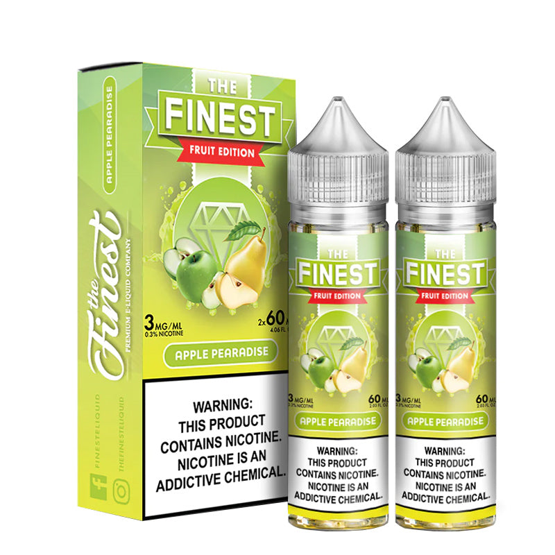 A box of Apple Pearadise Finest Fruit Edition with a warning sign and two 60ml bottles next to it - Vaper Corner