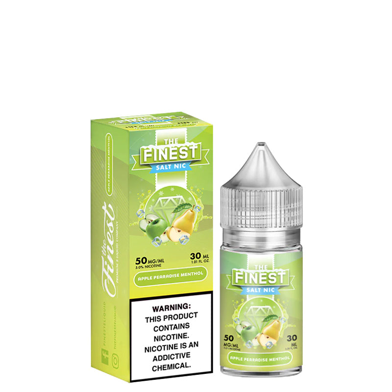 A box of Apple Pearadise Menthol Finest SaltNic Series with a warning sign and a 30ml bottle next to it - Vaper Corner