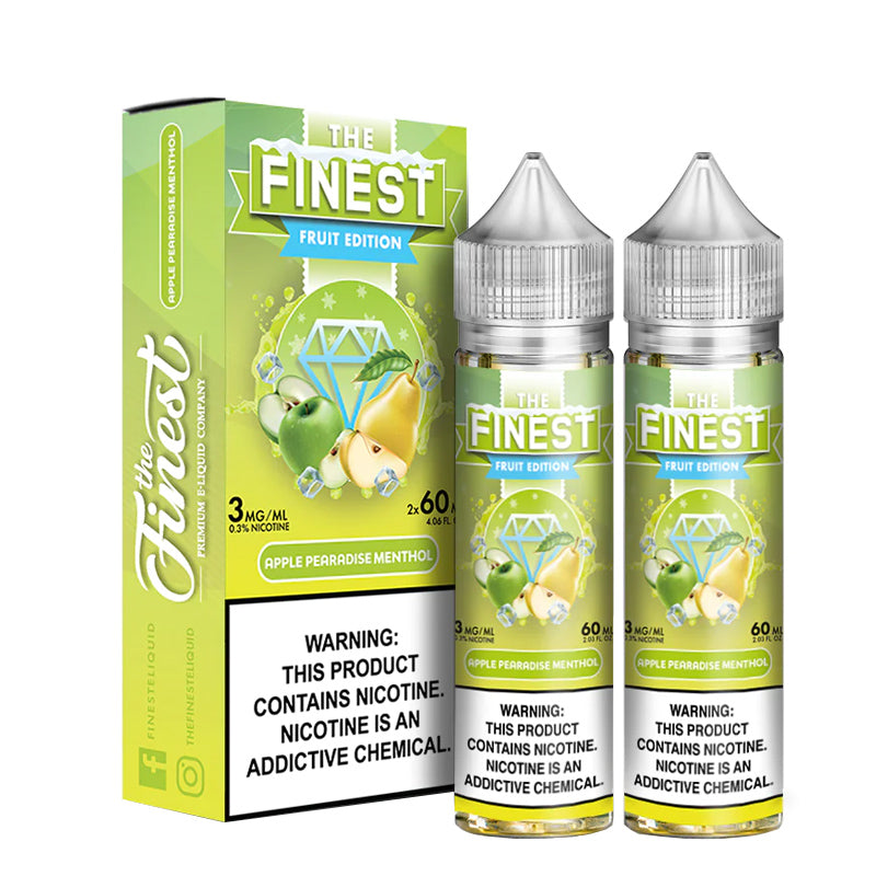 A box of Apple Pearadise ICE Finest Fruit Edition with a warning sign and two 60ml bottles next to it - Vaper Corner