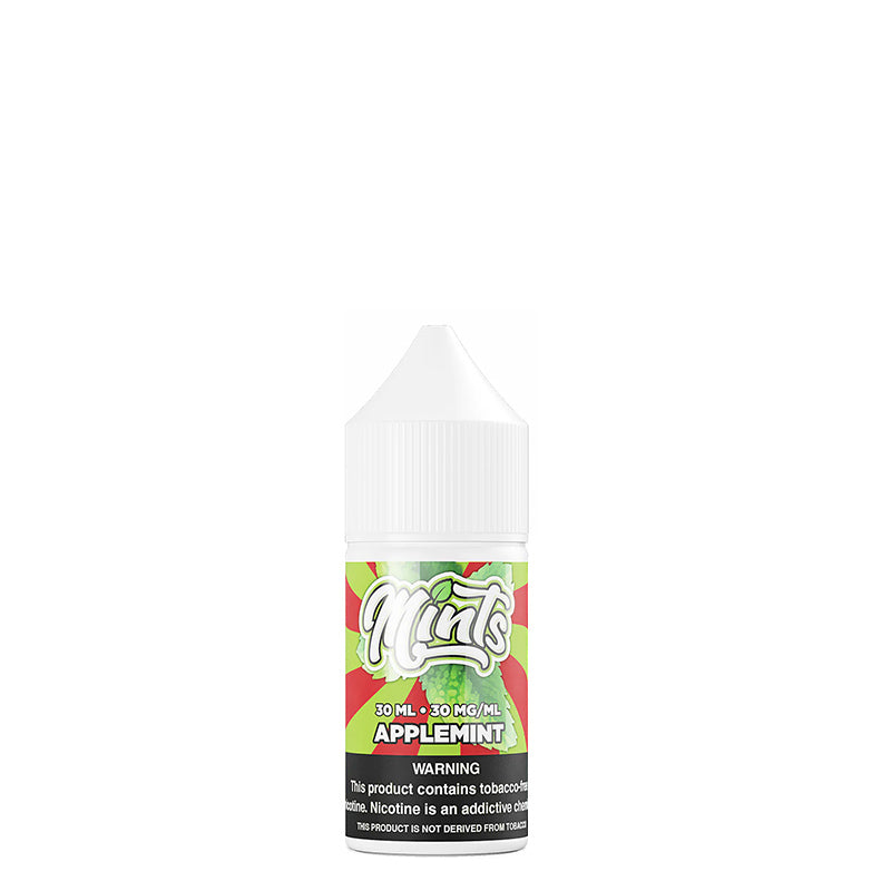 A 30ml bottle of Applemint Mints Salt eLiquid with a warning sign - Vaper Corner