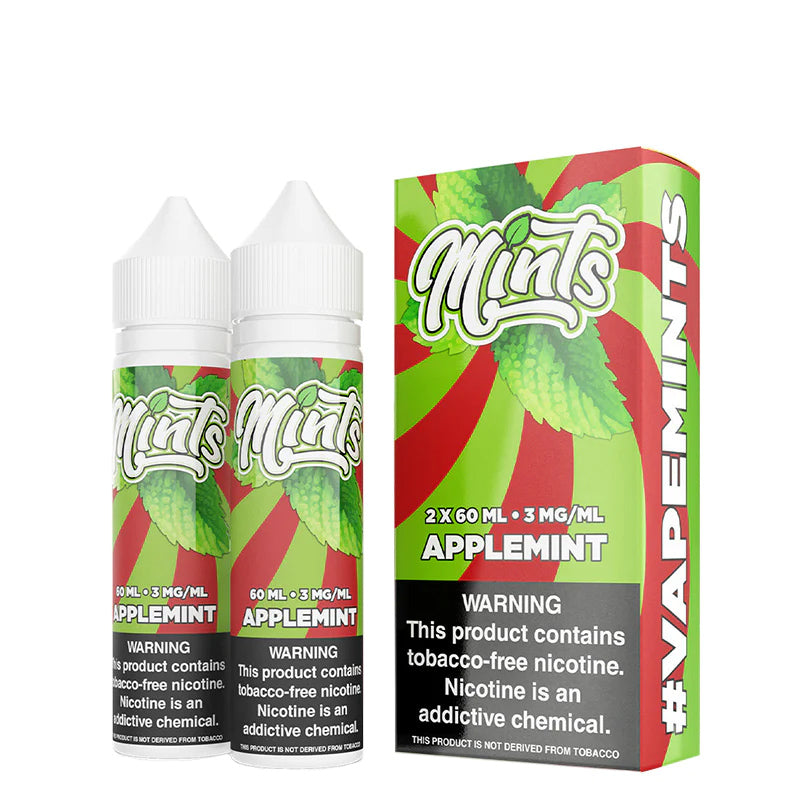 Two 60ml bottles of Applemint Mints eLiquid with a warning sign and a box next to it - Vaper Corner