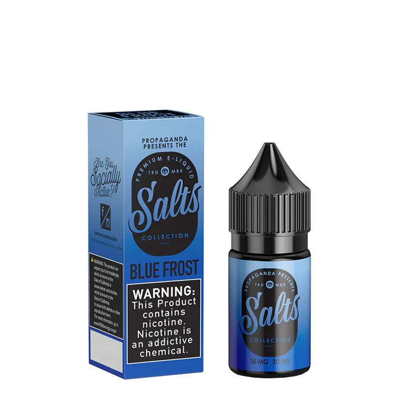 A box of Blue Frost Propaganda Salts with a warning sign and a 30ml bottle next to it - Vaper Corner