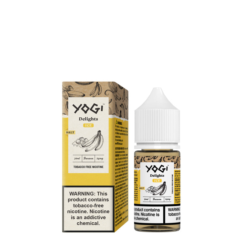 A box of Banana Ice Salts YOGI Delights with a warning sign and a 30ml bottle next to it - Vaper Corner