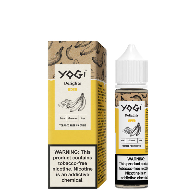 A box of Banana Ice YOGI Delights with a warning sign and a 60ml bottle next to it - Vaper Corner