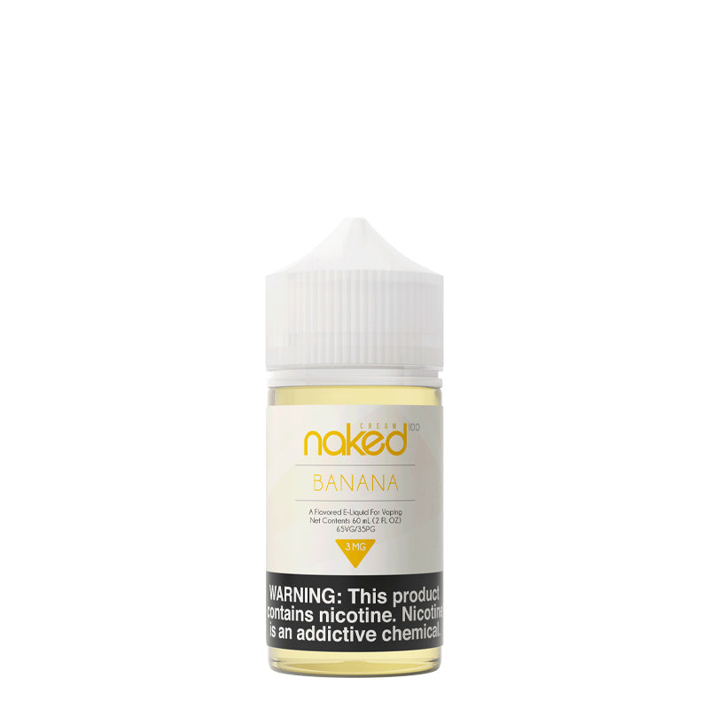 A 60ml bottle of Banana Naked 100 Cream with a warning sign - Vaper Corner