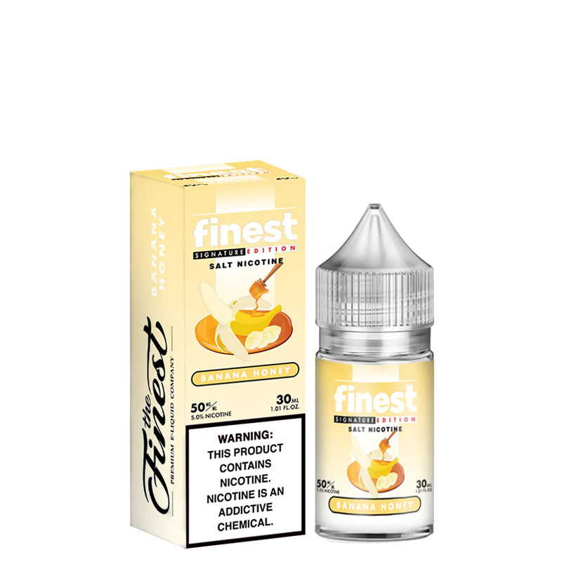 A box of Banana Honey Finest SaltNic Series with a warning sign and a 30ml bottle next to it - Vaper Corner