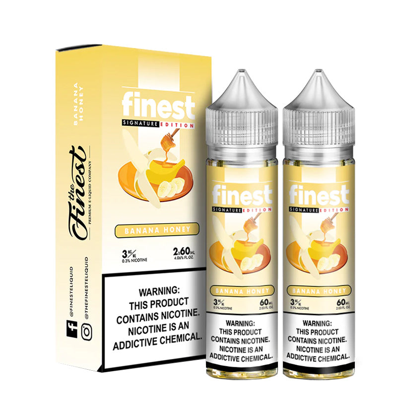 A box of Banana Honey Finest Signature Edition with a warning sign and two 60ml bottles next to it - Vaper Corner