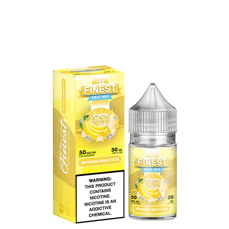 A box of Banana Menthol Finest SaltNic Series with a warning sign and a 30ml bottle next to it - Vaper Corner