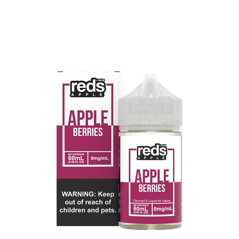 A box of Berries Reds Apple eJuice with a warning sign and a 60ml bottle next to it - Vaper Corner