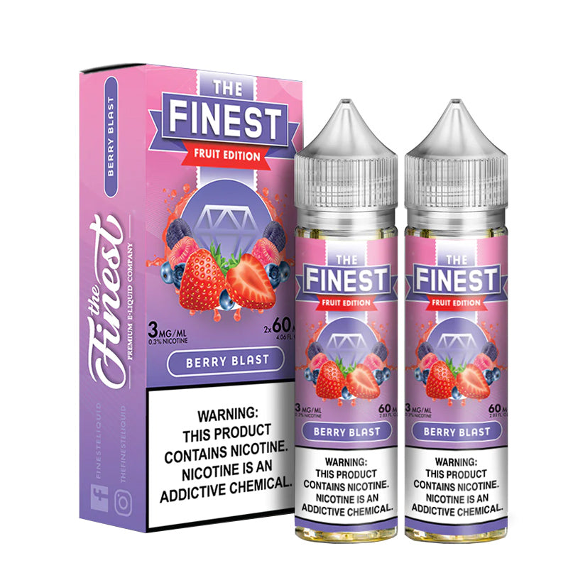 A box of Berry Blast Finest Fruit Edition with a warning sign and two 60ml bottles next to it - Vaper Corner