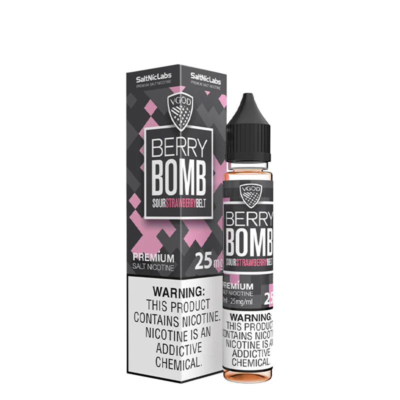 A box of Berry Bomb VGOD SaltNic with a warning sign and a 30ml bottle next to it - Vaper Corner