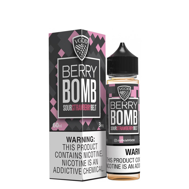 A box of Berry Bomb VGOD eLiquid with a warning sign and a 60ml bottle next to it - Vaper Corner