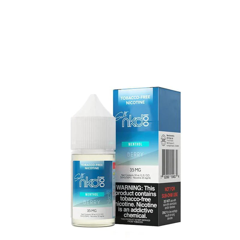 A 30ml bottle of Berry Naked Synthetic Salt and a box with a warning sign next to it  - Vaper Corner