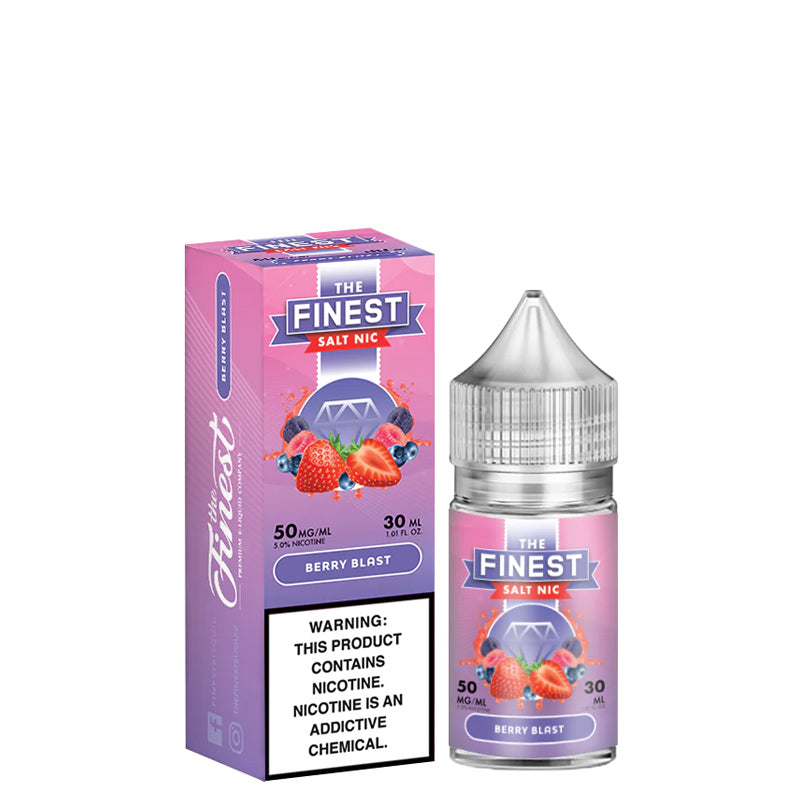 A box of Berry Blast Finest SaltNic Series with a warning sign and a 30ml bottle next to it - Vaper Corner