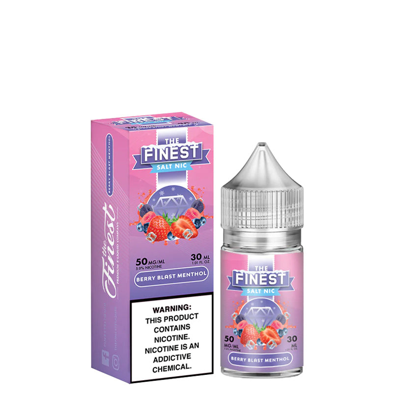 A box of Berry Blast Menthol Finest SaltNic Series with a warning sign and a 30ml bottles next to it - Vaper Corner