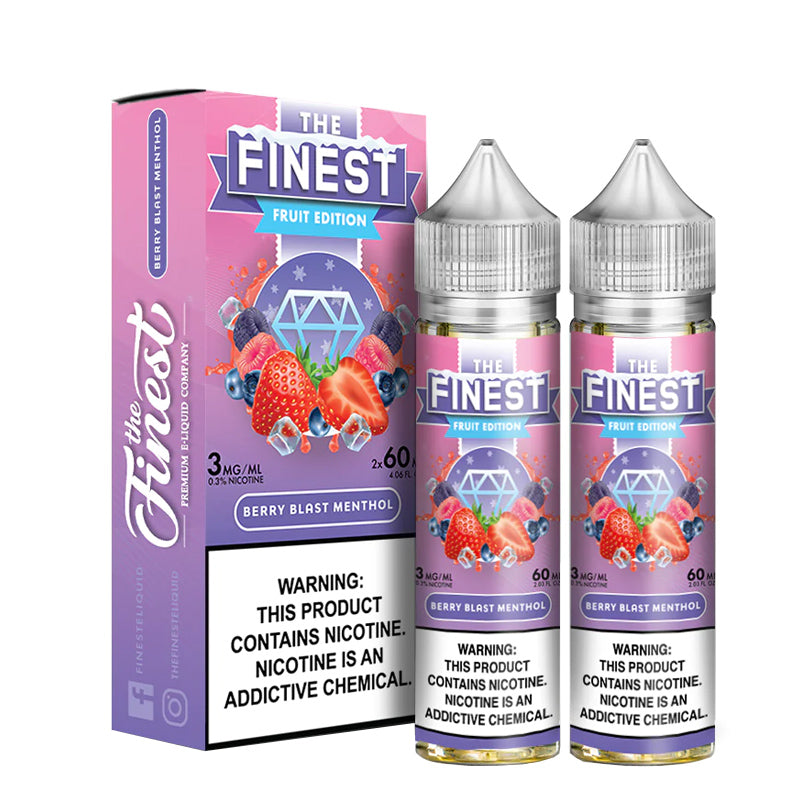 A box of Berry Blast Ice Finest Fruit Edition with a warning sign and two 60ml bottles next to it - Vaper Corner