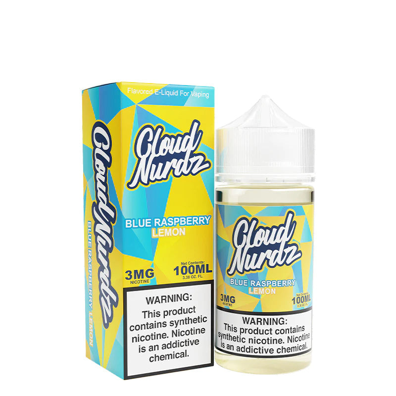 A box of Blue Raspberry Lemon TFN Cloud Nurdz with a warning sign and a 100ml bottle next to it - Vaper Corner