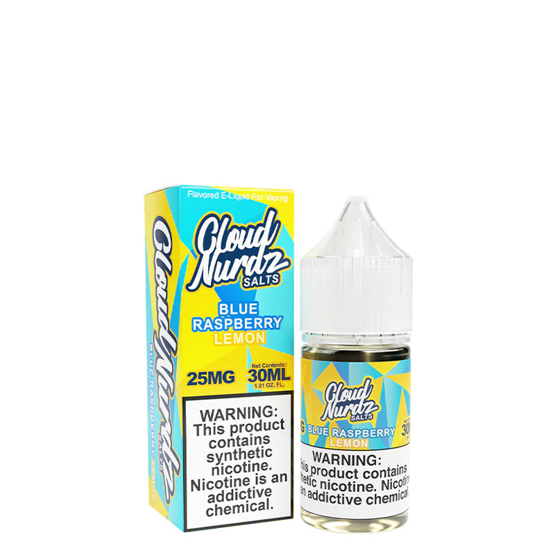 A box of Blue Raspberry Lemon TFN Salts Cloud Nurdz with a warning sign and a 30ml bottle next to it - Vaper Corner