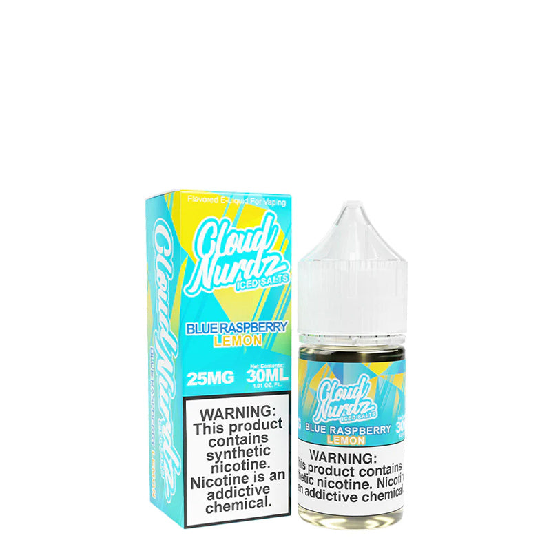 A box of Blue Razz Lemon ICED TFN Salts Cloud Nurdz with a warning sign and a 30ml bottle next to it - Vaper Corner