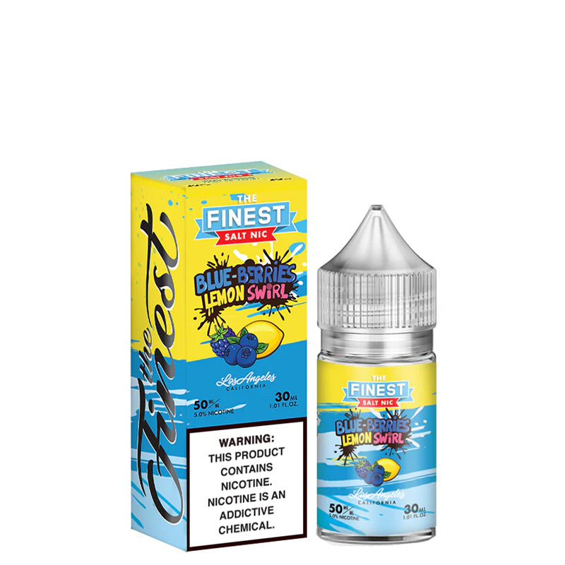 A box of Blueberries Lemon Swirl Finest SaltNic Series with a warning sign and a 30ml bottle next to it - Vaper Corner