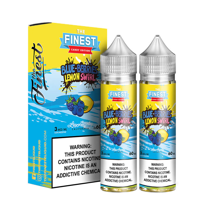 A box of Blue Berries Lemon Swirl Finest Sweet & Sour with a warning sign and two 60ml bottles next to it - Vaper Corner