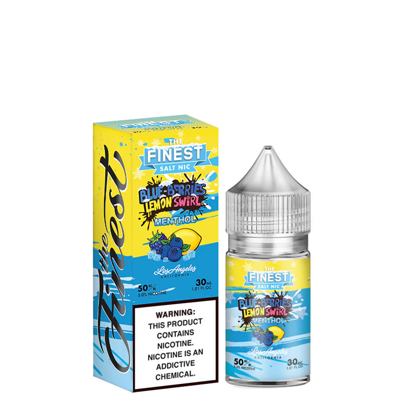 A box of Blue Berries Lemon Swirl Menthol Finest SaltNic Series with a warning sign and a 30ml bottle next to it - Vaper Corner