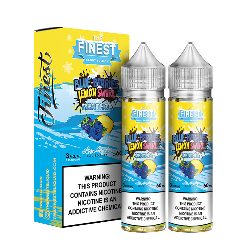 A box of Blue Berries Lemon Swirl On ICE Finest Sweet & Sour with a warning sign and two 60ml bottles next to it - Vaper Corner