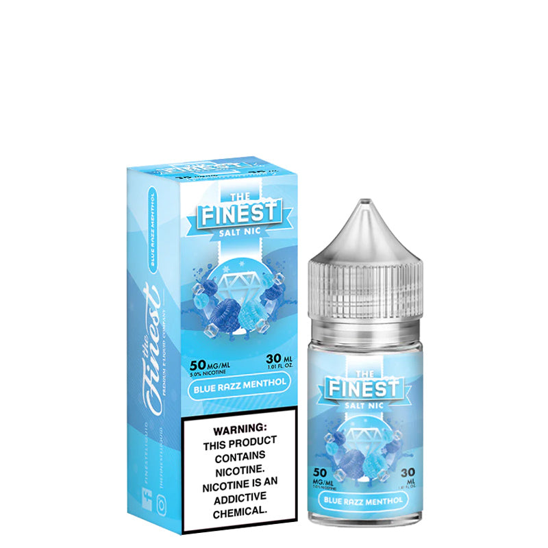 A box of Blue Razz Menthol Finest SaltNic Series with a warning sign and a 30ml bottle next to it - Vaper Corner