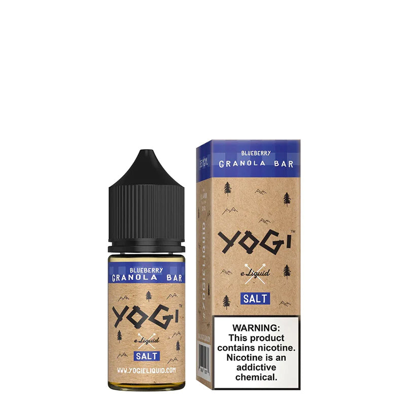 A 30ml bottle of Blueberry Granola Bar YOGI Salt and a box with a warning sign next to it - Vaper Corner