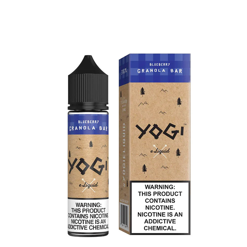 A 60ml bottle of Blueberry Granola Bar YOGI eLiquid and a box with a warning sign next to it - Vaper Corner