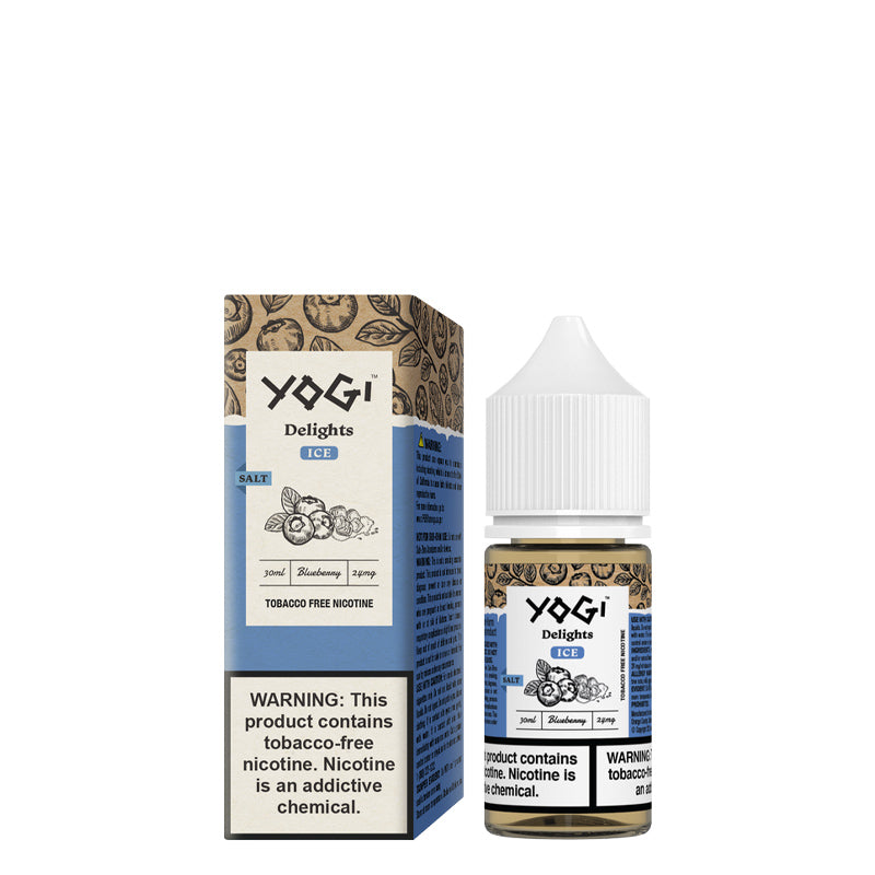 A box of Blueberry Ice Salts YOGI Delights with a warning sign and a 30ml bottle next to it - Vaper Corner