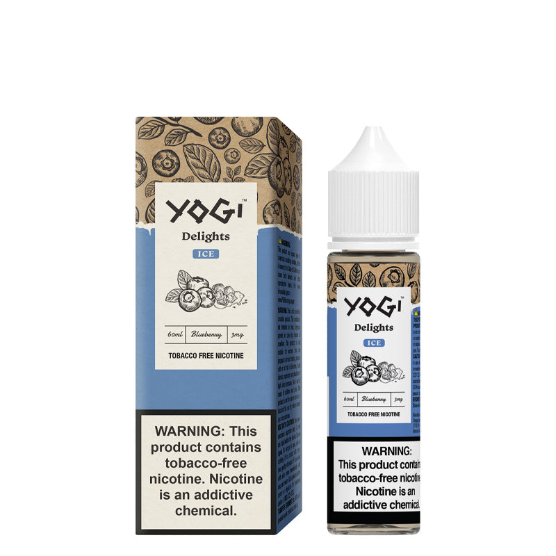 A box of Blueberry Ice YOGI Delights with a warning sign and a 60ml bottle next to it - Vaper Corner