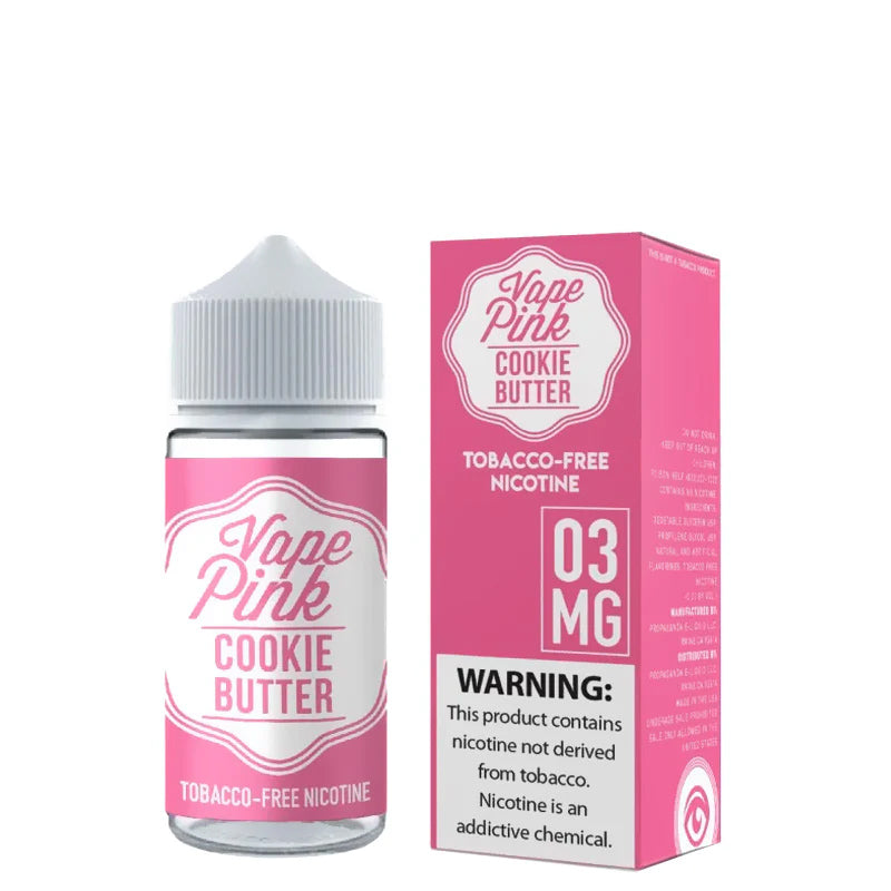 A 100ml bottle of Cookie Butter Propaganda Vape Pink eLiquid and a box with a warning sign next to it - Vaper Corner