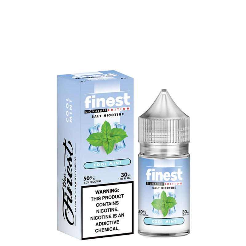 A box of Cool Mint Finest SaltNic Series with a warning sign and a 30ml bottle next to it - Vaper Corner