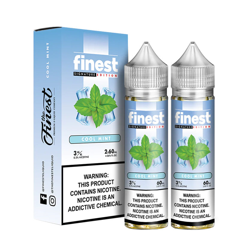 A box of Cool Mint Finest Signature Edition with a warning sign and two 60ml bottles next to it - Vaper Corner