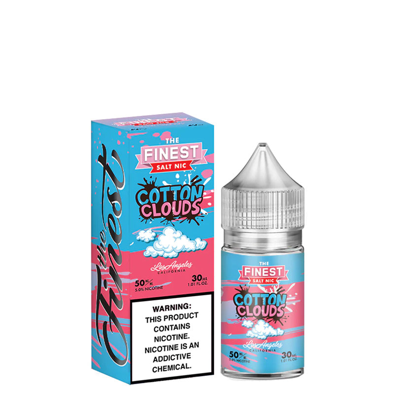 A box of Cotton Clouds Finest SaltNic Series with a warning sign and a 30ml bottle next to it - Vaper Corner