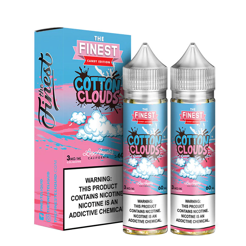 A box of Cotton Clouds Finest Sweet & Sour eLiquid with a warning sign and two 60ml bottles next to it - Vaper Corner